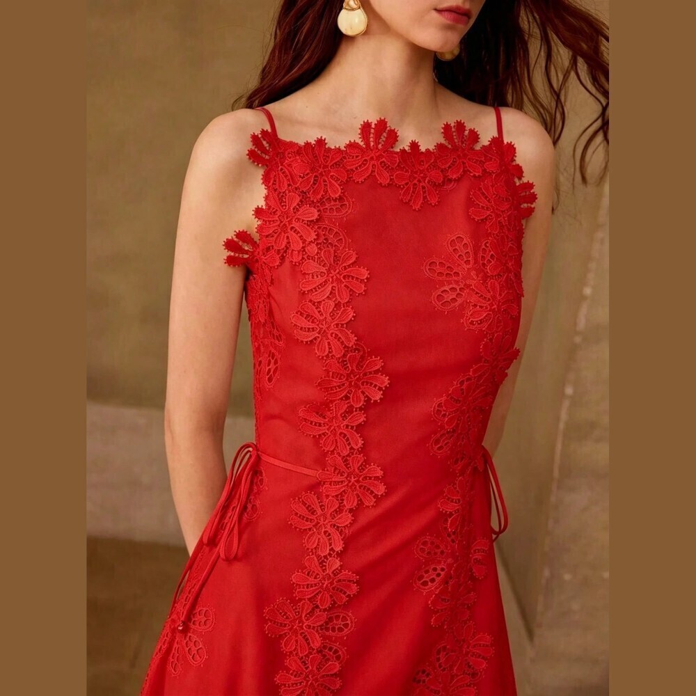 Red Floral Lace Applique Maxi Dress with Tie Waist - Picture 4 of 7